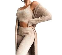 Sawmew Women's Fluffy 3 Piece Pajamas Set Sexy Warm Fuzzy Fleece Open Front Cardigan Jacket Crop Top Pants Suit Loungewear Home Pajamas Sets for Autumn Winter (Color : Khaki, Size : XXL)