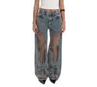 Sawmew Women's Jeans High Waist Trendy Hollow Out Mesh Patchwork Jeans Stretch Wide Leg Denim Pants Vintage Blue Washed Distressed Baggy Jeans Y2k Streetwear(S)