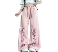Sawmew Y2K Jeans with Bow Tie for Women, Wide Leg, Gothic, Kawaii, Straight, High Waist, Straight Pink Denim Pants(S)