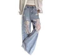 Sawmew Y2K Ripped Jeans Lace Patchwork Low Rise Gothic Straight Denim Pants Grunge Baggy Pant Vintage Streetwear(S)