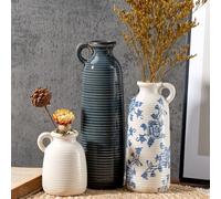 Sawoake Ceramic Vase Set of 3 with Handles, Blue White Neutral Rustic Modern Farmhouse Boho Decor, Versatile as Table Centerpiece or Mantel - Unique Home Gift Idea