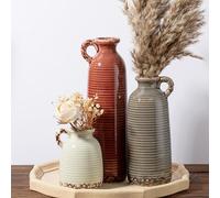 Sawoake Ceramic Vase Set of 3 with Handles, Brown Neutral Rustic Modern Farmhouse Boho Decor, Versatile as Table Centerpiece or Mantel & Shelf Accent - Unique Home Gift Idea