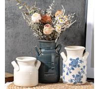 Sawoake Ceramic Vase Set of 3 with Two Handles, Blue White Neutral Rustic Modern Farmhouse Boho Decor, Versatile as Table Centrepiece or Mantel & Shelf Accent - Unique Home Gift Idea