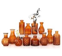 Sawoake Glass Bud Vase Set, Amber, 12 PCS, Vintage Style with Structure Pattern, for Flowers and Home Decoration (Amber, 12 PCS)