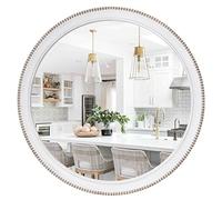 sawsile Round Wood Mirror,28 inch Circle Rustic Farmhouse White Wooden Frame Boho Beads Wall Mirror for Bathroom,Living Room,Bedroom or Entryway
