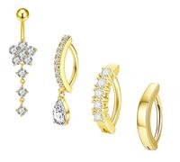 sawyofu Belly Button Bars Ring Piercing 4pcs 14G Hypoallergenic Surgical Steel Cubic Zircon Dangly Reverse Curved Navel Bars Rook Piercing Jewelry (gold)
