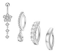 sawyofu Belly Button Bars Ring Piercing 4pcs 14G Hypoallergenic Surgical Steel Cubic Zircon Dangly Reverse Curved Navel Bars Rook Piercing Jewelry (silver)