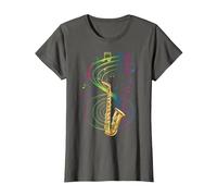 Sax Player Saxophonist Music Notes Jazz Saxophone T-Shirt, Women, Asphalt Grey, Large