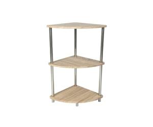 Saxony® Corner Shelf Unit 3 Tier Oak Finish Corner Shelving Storage Shelves Small Bookshelf Free Standing Stainless Steel Legs Living Room Decor Stylish Indoor Furniture
