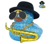 Saxophone Accessories, Blue Glitter Rubber Duck Car Dashboard Decor with Mini Top Hat, Sunglasses, Gold Necklace & Saxophone, Funny Squeaky Duck Ornament for Car, Home, Desk Gift