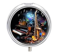 Saxophone and Piano Pill Box 3 Compartment Small Pill Case with Mirror for Purse & Pocket Travel Medicine Organizer Daily Medication Container Portable Pillbox Metal Medicine Box Round Meds Case