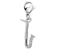 Saxophone Clip On Charm with Crystal Accents - Silver Plated Music Instrument Pendant for Jewelry, Zippers, Backpacks - Lobster Clasp & Bail Hook Styles