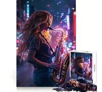 Saxophone Girl Player in Neon City 1000 Pieces Jigsaw Puzzles for Adults Mind Puzzle Soft Relax Image Assembly Santa Wish Item (38x52cm)