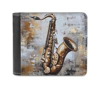 Saxophone Musical Notes Painting Slim Leather Men's Wallets with 6 Card Holders Minimalist Billfold Travel Purse