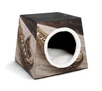 Saxophone on Sheet Music Cat Bed for Indoor Cats - Foldable Cat & Dog House with Removable Cozy Cushion, Waterproof Oxford Washable Pet House for Small Pets 13.8" X 13.8" X 11.8"