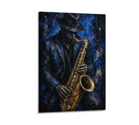 Saxophone Player Jazz Portrait Blue And Gold Fedora Hat Poster 24x36in | Expressive painterly imagery, shadowed face, prominent instrument details, dramatic contrast for a music room