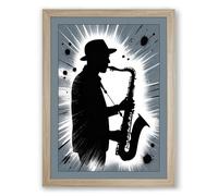 Saxophone Silhouette Urban Art Framed Wall Art Print A2 (59.4×42cm) Oak, Wall Decor for Living Room, Bedroom, Office & Home, Ready to Hang, Art Gift