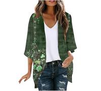 Saxrel Army Green Ladies Cardigans 3/4 Sleeve Chiffon Kimono Cardigan - Vintage Floral Print Loose Beach Coverups for Holiday Travel Trips Daily Commuting Layering Beach Sun Protection