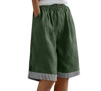Saxrel Army Green Linen Shorts Women Striped Patchwork Bermuda Shorts - Elastic Waist Button Half Pants Loose Casual Wide Leg Pants for Daily Beach Running Walking Holiday