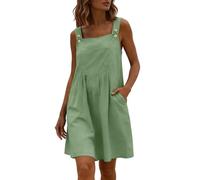 Saxrel Beach Dresses for Women UK Casual Pinafore Dress with Pockets - Square Neck Button Strap Summer Dresses Loose Fit Overall Dress for Holiday Beach Vacation Outdoor Walking