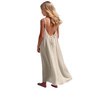 Saxrel Beige Girls' Spaghetti Strap Dress Open-Back Maxi Dresses - Lightweight Breathable Beach Summer Long Dress for Casual Outings Loose Fitting Off Shoulder Casual Dresses 11 Years