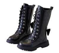 Saxrel Black Girls Knee High Boots Kids Lace Up Side Zipper Sweet Steampunk Style Thick Rubber Sole Stitching Faux Leather School Shoes Waterproof Combat Shoes UK Size 10