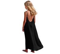 Saxrel Black Girls' Spaghetti Strap Dress Open-Back Maxi Dresses - Lightweight Breathable Beach Summer Long Dress for Casual Outings Loose Fitting Off Shoulder Casual Dresses 9 Years