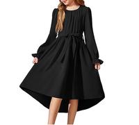 Saxrel Black Girls' Spring Summer Dresses Long Sleeve Crew Neck Curved Hem Flowy Dress - Elastic Waist Bow Belt Lightweight Princess Dress for Daily School Outings Party Wedding Flower Girl 4 Years