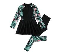 Saxrel Black Girls' Summer Printed Modest Swimsuit Rash Guard Set - Long Sleeve Swim Tops Pant for Beach & Surf Sun Protection Swimwear Quick Dry Swimming Costume Zipper Bathing Suit 12 Years