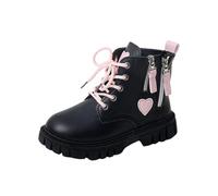 Saxrel Black Kids Ankle High Boots Girls Pink Heart Patch Hiking Boot Lace Up Side Zipper Shoes PU Pull Tab Combat Footwear 4-11 Years UK Size 1.5