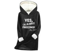 Saxrel Black Plush Hoodies for Women UK Yes I'm Always Freezing Print - Ladies Fleece Lined Hoodies Velvet Sherpa Sweatshirt Tunic Tops Winter Warm Thickened Pullover Sweater Fuzzy Activewear Jumpers