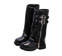 Saxrel Black Punk-Inspired Knee-High Buckle Girls Boots Faux Leather Side Zipper Kids School Shoes Casual Outing Non-Slip Sole Kids Walking Boots Hiking Footwear UK Size 1