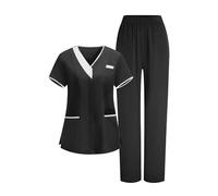 Saxrel Black Women's Care Worker Scrubs Uniforms Sets Short-Sleeve V-Neck Top & Pants Scrub Sets - Ladies Medical Tunic and Trousers Comfort Workwear Lightweight Healthcare Suits
