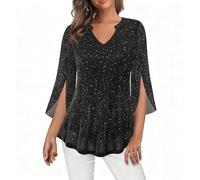 Saxrel Black Women's Glitter V Neck Blouse - Split Flare Sleeve Sparkly Tops Sheer Chiffon Tunic Top, Loose Casual Dressy Shirt for Party, Office, Daily Wear
