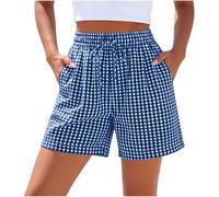 Saxrel Blue Gingham Checkered Womens Shorts Loose Fit Sports Pants - Elasticated Drawstring Waist Activewear Plaid Ladies Hiking Shorts Side Pockets for Daily Holiday Beach Walking Sizes S