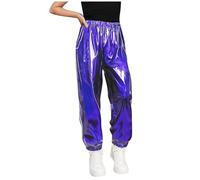 Saxrel Blue Girls' Metallic Harem Trousers - Elasticated Cuffs Stage Pants Performance Clothes Long Straight Kids Trousers with Pockets for Jazz, Hip-Hop,School Plays 8 Years