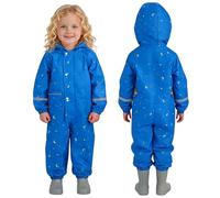 Saxrel Blue Kids Puddle Suit Printed Waterproof All-In-One Hooded Rain Suit - Reflective Strips Lighweight Raincoat for School Puddle Play & Outdoor Sports Running 2-3Years