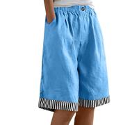 Saxrel Blue Linen Shorts Women Striped Patchwork Bermuda Shorts - Elastic Waist Button Half Pants Loose Casual Wide Leg Pants for Daily Beach Running Walking Holiday