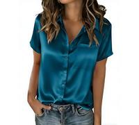Saxrel Blue Satin Shirts for Women UK Short Sleeve Button Down Blouse - Collared Ice Silk Ladies Summer Tops with Pocket Loose Tunic for Office Work Daily Casual Business Sizes S-3XL