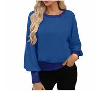 Saxrel Blue Women’s Sparkly Sequin Top UK Cuffed Sleeve Crew Neck Solid Color Glitter Blouse Plus Size Ladies Sparkly Evening Party Loose Fit Blouses & Shirts