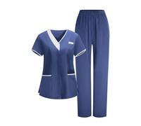 Saxrel Blue Women's Care Worker Scrubs Uniforms Sets Short-Sleeve V-Neck Top & Pants Scrub Sets - Ladies Medical Tunic and Trousers Comfort Workwear Lightweight Healthcare Suits