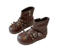 Saxrel Brown Punk-Inspired Girls’ Ankle High Combat Boots - Side Zipper School shoes Round Toe Faux Leather Girls Shoes with Bow Decor Winter Warm Kids School Boots for UK Size 9