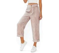 Saxrel Brown Striped Work Trousers Women High Waisted Wide Leg Capris Pants - Cropped Ladies Summer Trousers Button Hiking Pants Pockets for Casual Outings Day Trips Commute Sizes S-XXL
