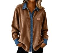 Saxrel Brown Women's Corduroy Casual Long-Sleeve Blouses & Shirts - Ladies Denim Patchwork Turndown Collar Cardigan Lightweight Loose Fits Sweatshirt Button-Down Blouse