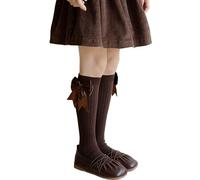 Saxrel Coffee Girls Knee-High Knitted Cotton School Socks - Breathable Sports Mid-Calf Solid Color Cute Bow Socks 6-14Y