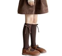 Saxrel Coffee Girls Knee-High Knitted Cotton School Socks - Breathable Sports Mid-Calf Solid Color Cute Bow Socks 6-14Y