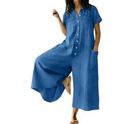 Saxrel Cotton Linen Jumpsuits for Women UK Button Down Short Sleeve Rompers - Wide Leg Culotte Pockets Collared Ladies Dungarees Loose overalls for Casual Outings Summer Beach Holidays Airport Outfit