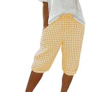 Saxrel Cotton Shorts for Women Gingham & Striped Hiking Pants - Drawstring Waist Ladies Knee Length Linen Shorts with Pockets Summer Culottes for Daily Commute Casual Wear Outdoor Walks