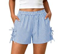 Saxrel Gingham Women's Shorts Elastic Waist Beach Shorts - Lightweight Running Holiday Plaid Pants with Side Bow Ties & Pockets for Vacation Casual Fitness Hiking Walking Trips