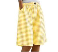 Saxrel Girls' Summer Cotton Linen Shorts - Gingham & Stripe Print Running Shorts Elastic Waist Button Half Pants Lightweight Loose Trousers for Beach School Casual Daily Wear
